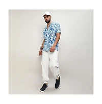Campus Sutra Men's Chalk White:Indigo Blue Mesh Foliage Shirt