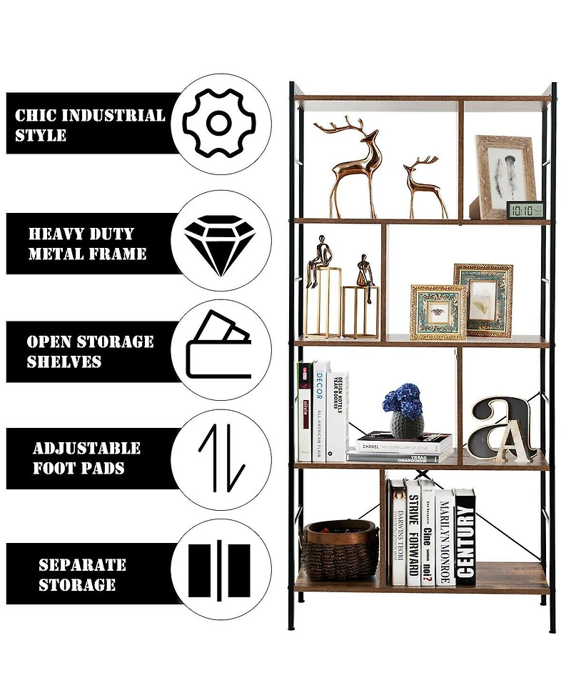 Sugift 4-Tier Industrial Freestanding Bookshelf with Metal Frame