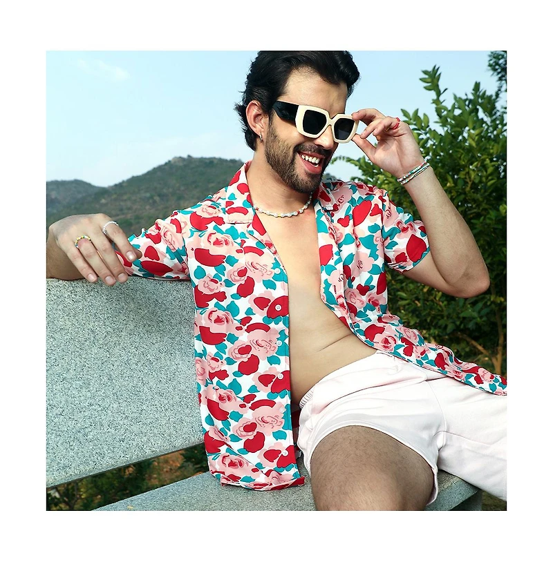 Men's Scarlet Red Rose Foliage Shirt