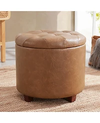 Faux Leather Round Storage Ottoman with Legs and Lift Off Lid