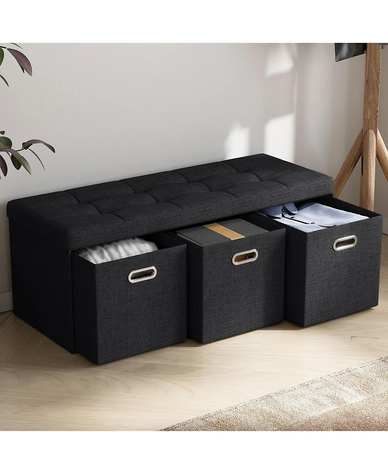 Collapsible Tufted Linen Long Bench Storage Ottoman with 3 Drawers