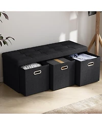 Collapsible Tufted Linen Long Bench Storage Ottoman with 3 Drawers