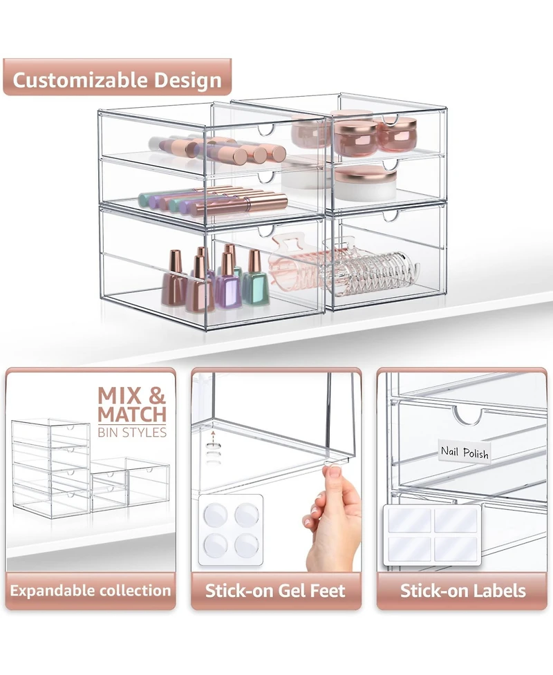 Sorbus 3 Drawers Acrylic Organizer for Makeup, Organization and Storage, Art Supplies, Jewelry, Stationary - 4 Pcs Clear Stackable Storage Drawers