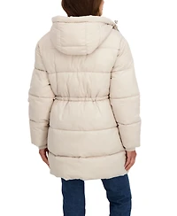 Sebby Collection Women's 3/4 Cozy Lined Hooded Puffer Coat With Drawstring Waist