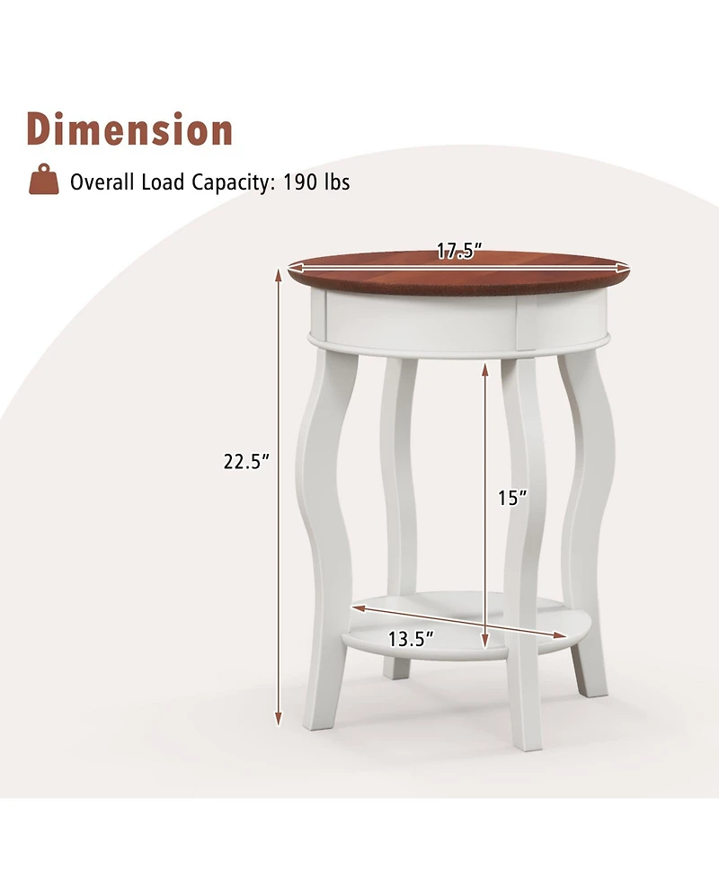 Sugift 2-Tier Round End Table with Storage Shelf and Solid Rubber Wood Legs