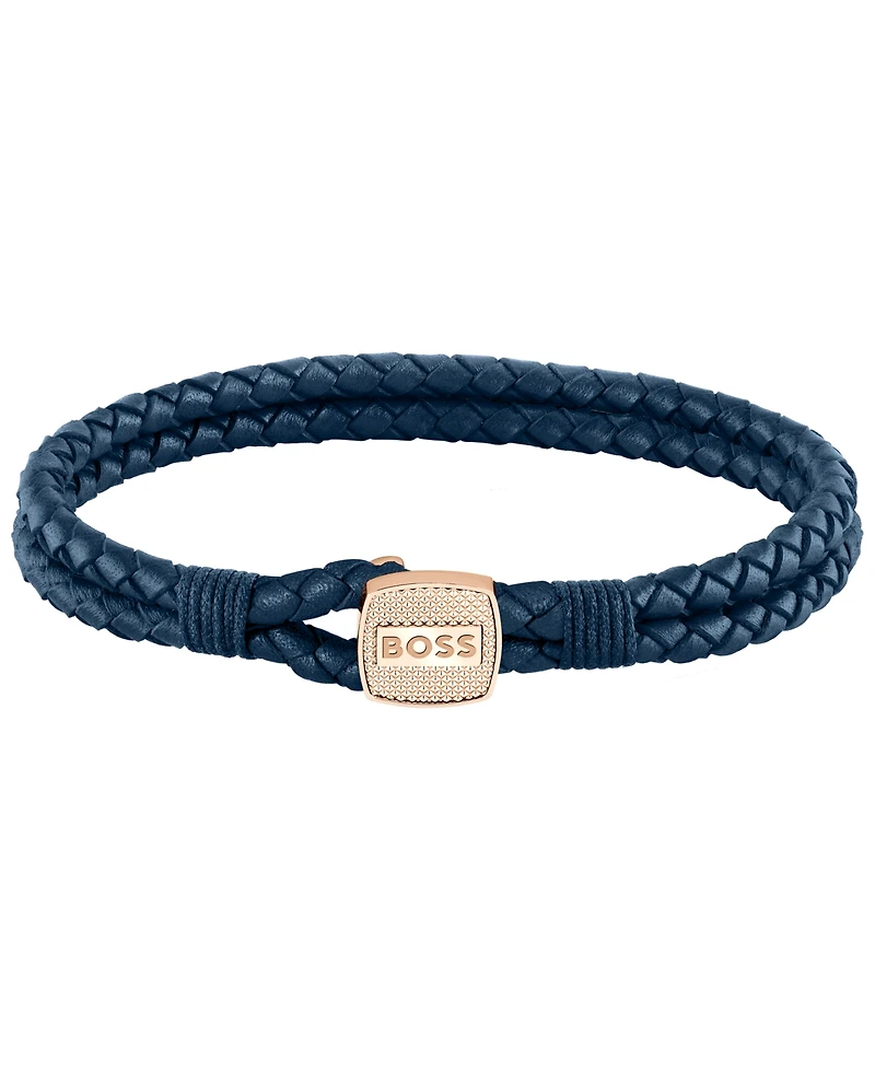 Hugo Boss Men's Seal Ionic Plated Carnation Gold Steel Blue Leather Bracelet