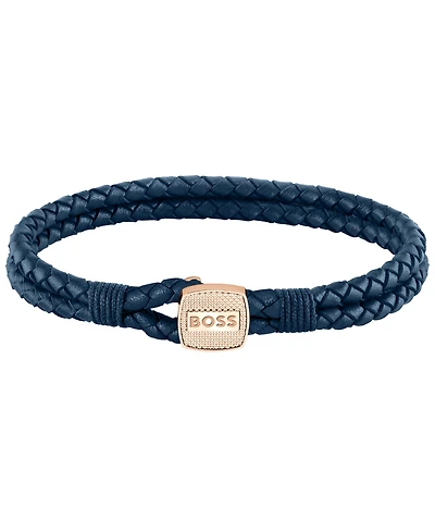 Hugo Boss Men's Seal Ionic Plated Carnation Gold Steel Blue Leather Bracelet