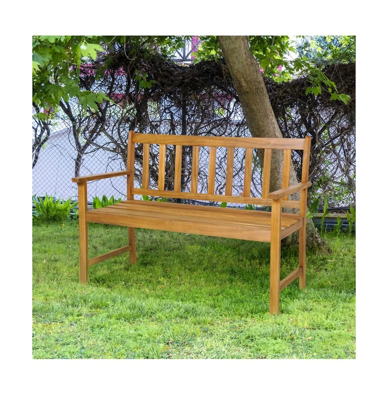 Sugift 2-Person Patio Acacia Wood Bench with Backrest and Armrests