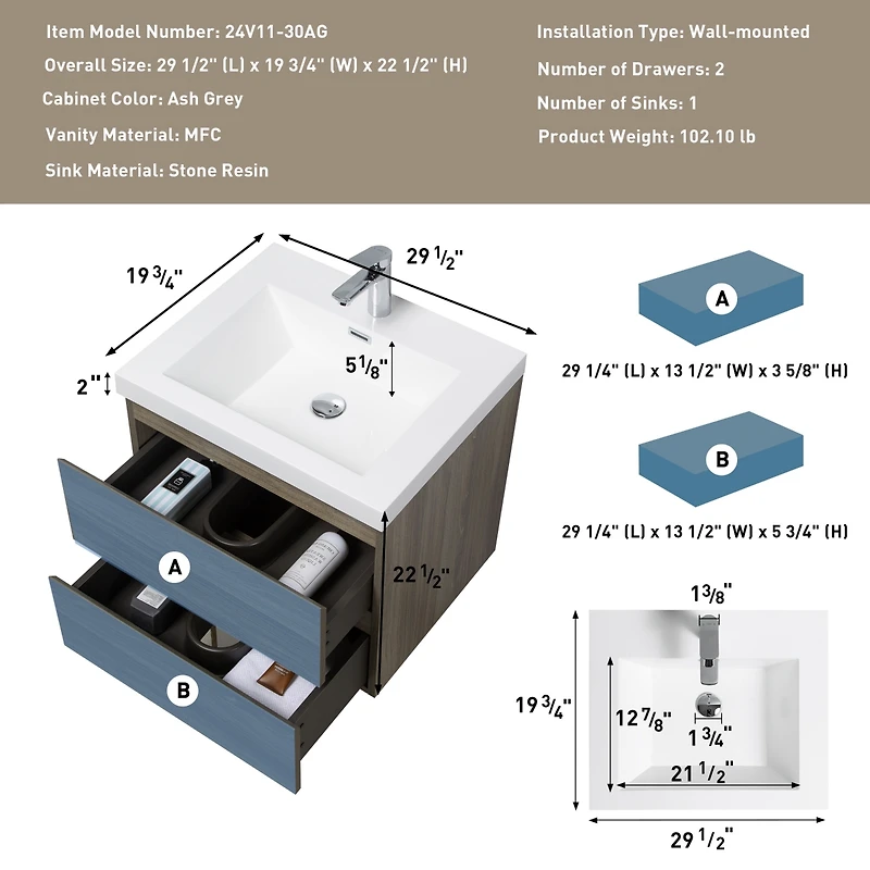 Streamdale 30" Wall-Mounted Vanity with Resin Sink & Soft-Close Drawers