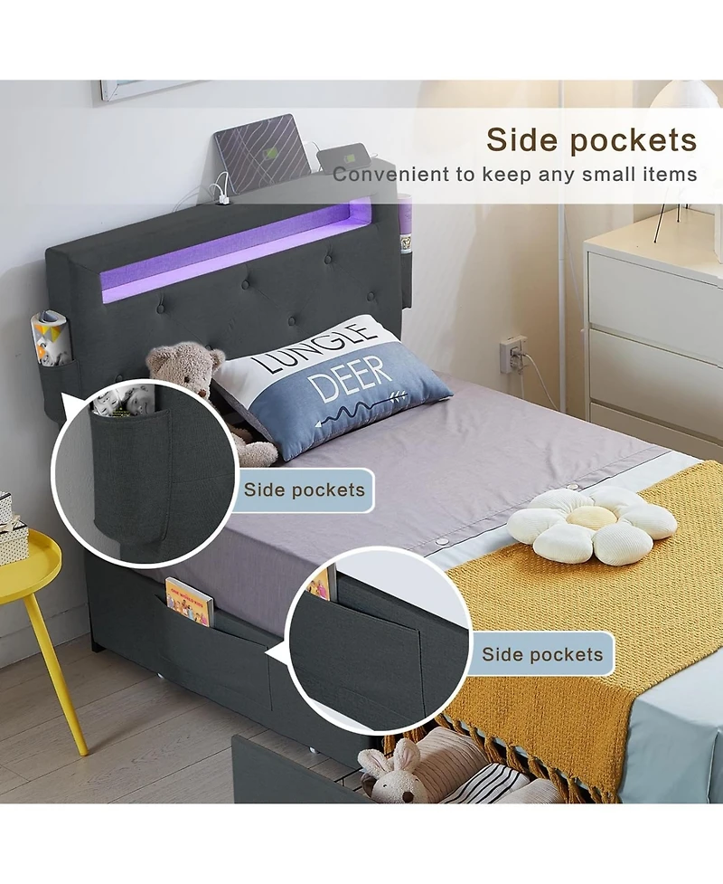 Streamdale Furniture Twin Bed Frame with Usb Charging, Led Lights, Headboard, Storage Drawers