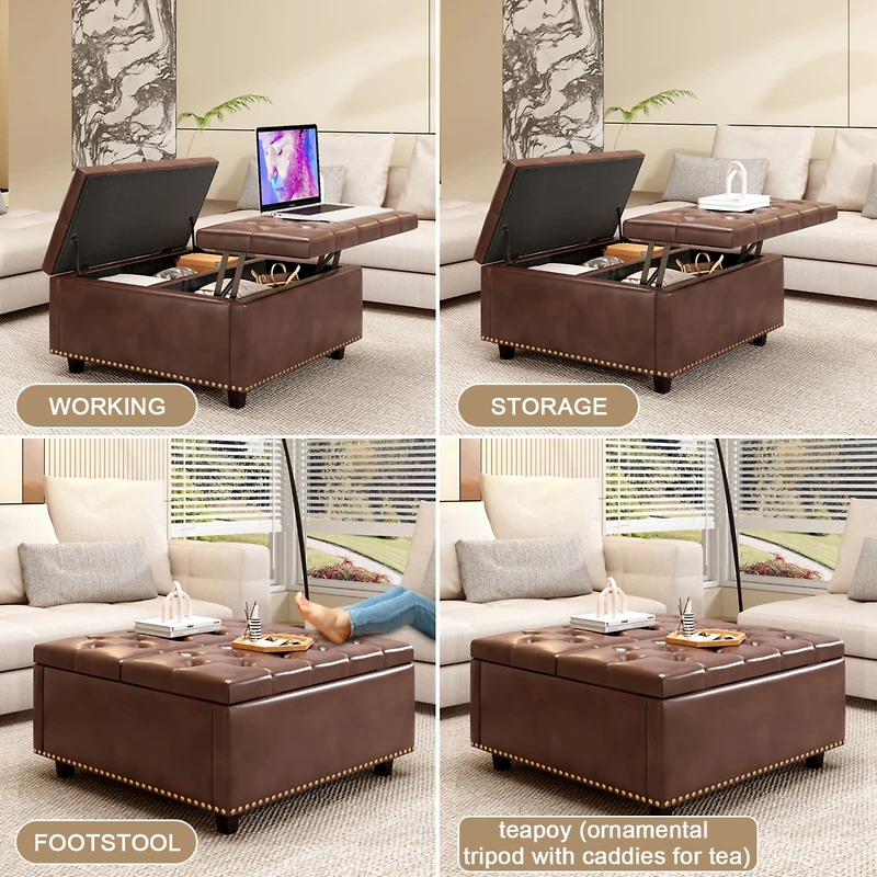 Streamdale Pu Leather Oversized Storage Ottoman with Nailhead Trim