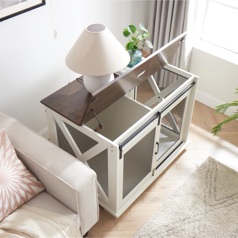 Farmhouse Dog Crate with Sliding Barn Door and Flip-Top
