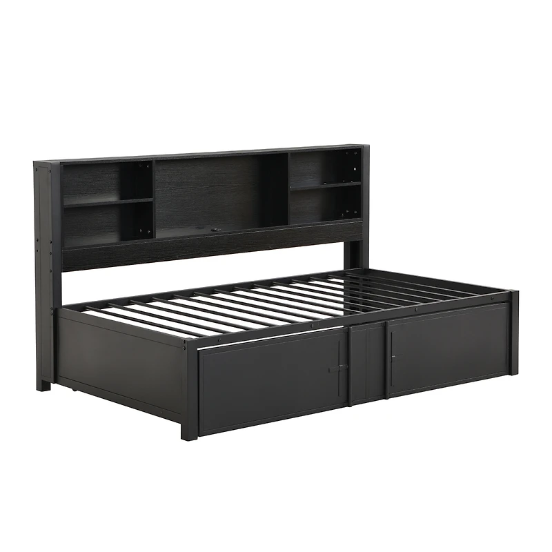 Streamdale Furniture Metal Twin Size Daybed With Twin Size Trundle, Storage Shelves And Usb Ports