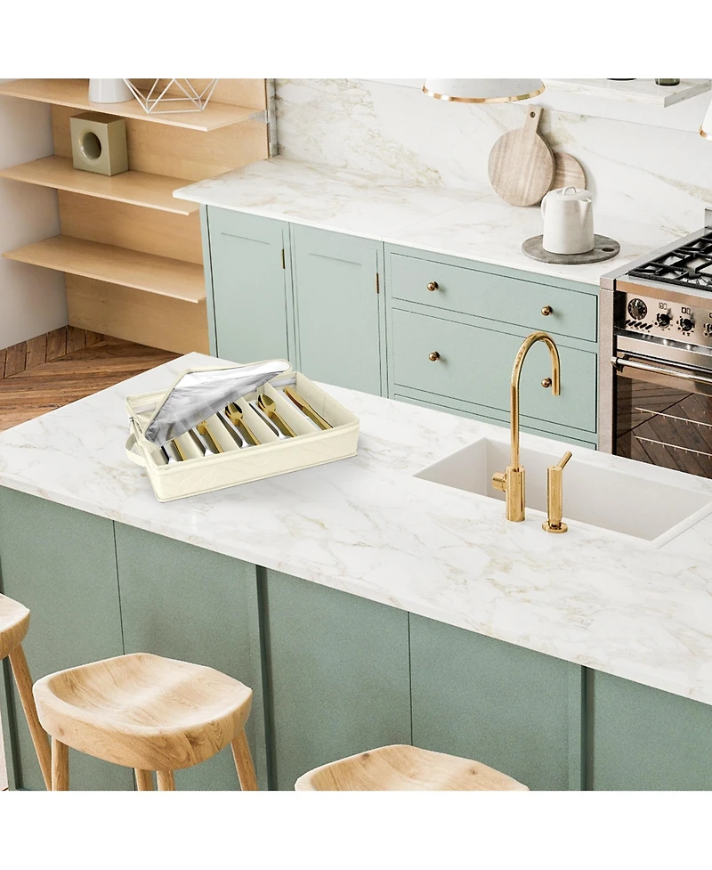 Sorbus Fabric Chest Flatware & Silverware Organizer Box with Zipper Clear Lid & Adjustable Divider (Beige)