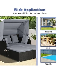 Costway Patio Rattan Daybed Lounge Retractable Top Canopy Side Tables Cushions