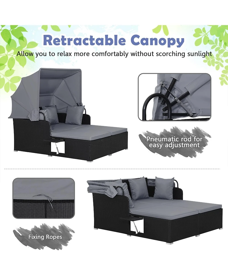 Costway Patio Rattan Daybed Lounge Retractable Top Canopy Side Tables Cushions