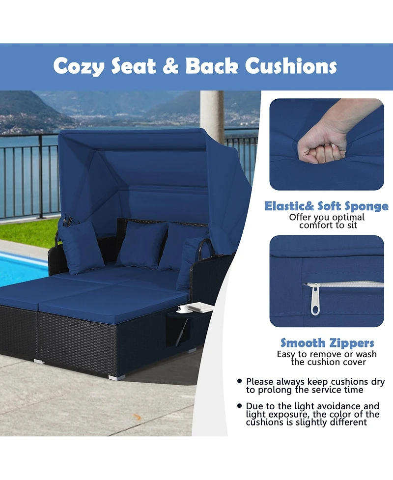 Costway Patio Rattan Daybed Lounge Retractable Top Canopy Side Tables Cushions