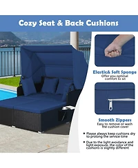 Costway Patio Rattan Daybed Lounge Retractable Top Canopy Side Tables Cushions