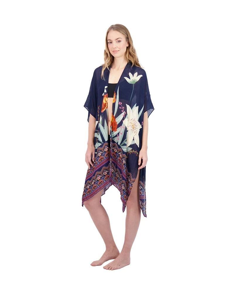 Tahari New York Tahari Women's 100% Viscose Lightweight Tropical Print Kimono, Navy