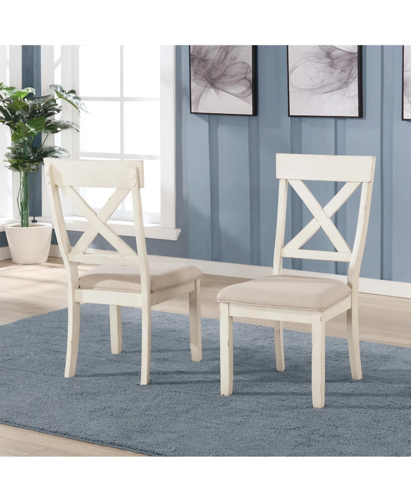 Simplie Fun Wood Cross Back Upholstered Dining Chairs, Set Of 2, Antique White