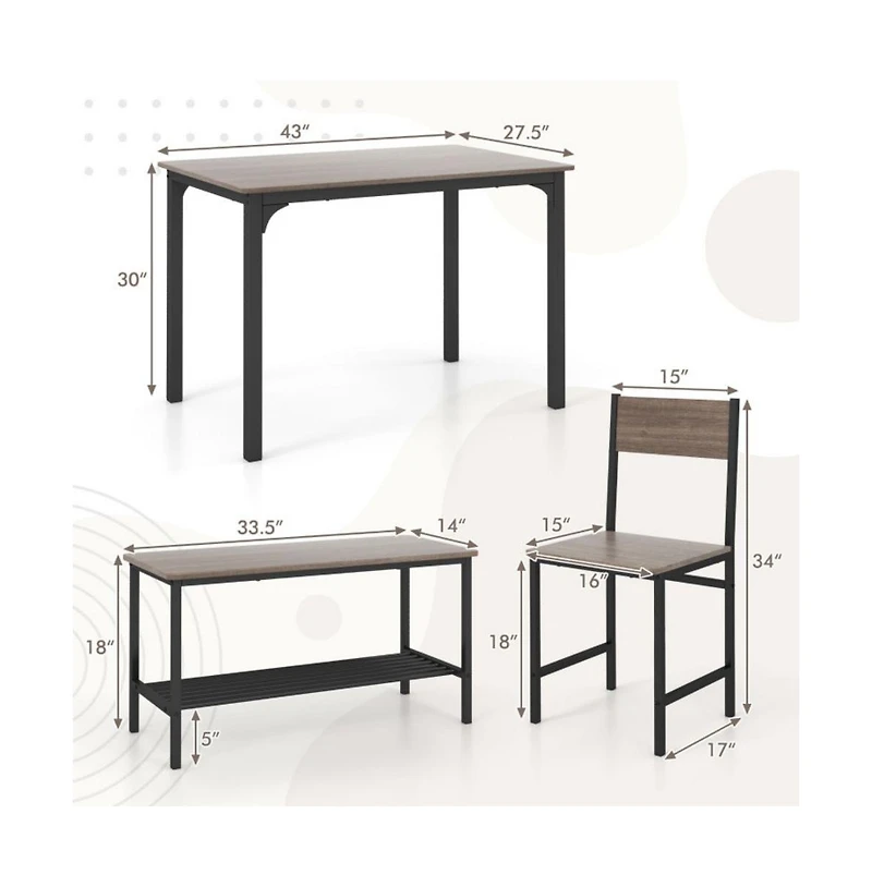 4 Pieces Rustic Dining Table Set with 2 Chairs and Bench