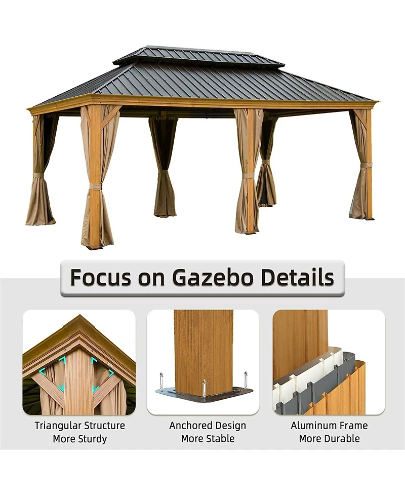 Aluminum Wood Grain Gazebo with Curtains & Netting