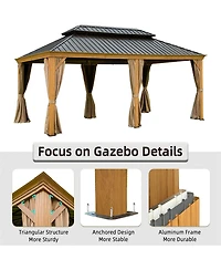 Aluminum Wood Grain Gazebo with Curtains & Netting