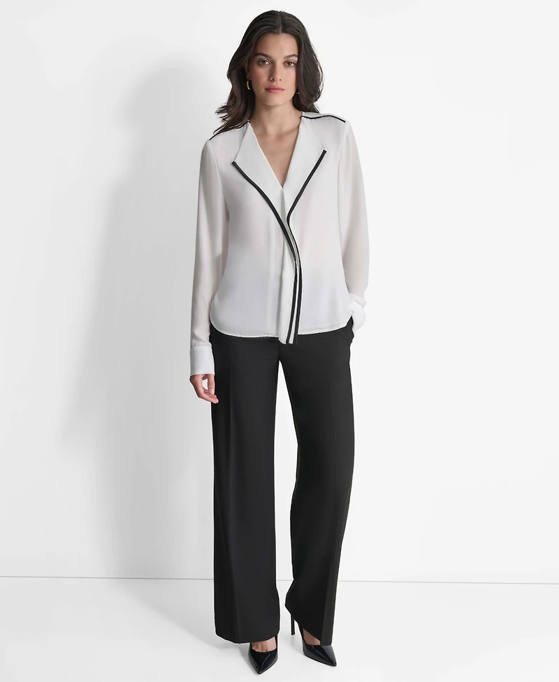 Dkny Women's Long Sleeve Trimmed Lapel Blouse, Regular & Petite