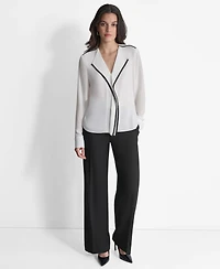 Dkny Women's Long Sleeve Trimmed Lapel Blouse, Regular & Petite