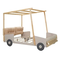 Simplie Fun Wood Full Size Car Bed With Pillow, Ceiling Cloth And Led