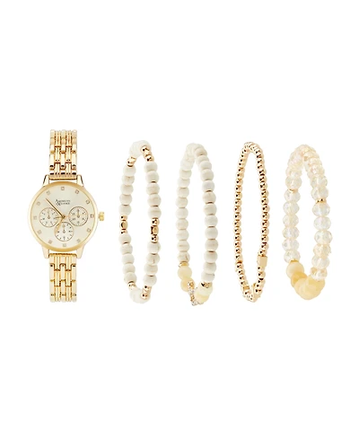 American Exchange Women's Shiny Gold Metal Alloy Band Analog Watch 31mm with Stackable Bracelets Gift Set