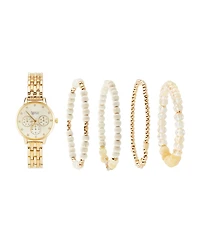 American Exchange Women's Shiny Gold Metal Alloy Band Analog Watch 31mm with Stackable Bracelets Gift Set