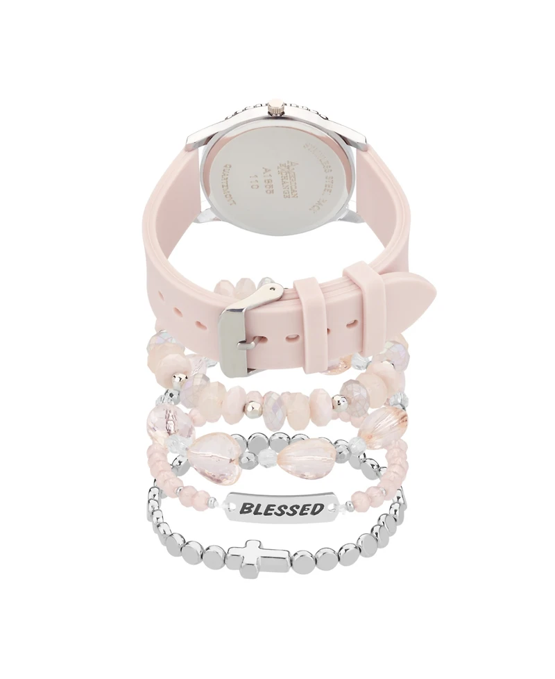 American Exchange Women's Matte Light Pink Silicone Strap Analog Watch 38mm with Stackable Bracelets Gift Set