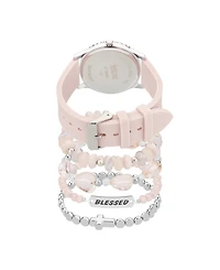 American Exchange Women's Matte Light Pink Silicone Strap Analog Watch 38mm with Stackable Bracelets Gift Set
