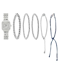 American Exchange Women's Shiny Silver Metal Alloy Band Analog Watch 26mm with Stackable Bracelets Gift Set