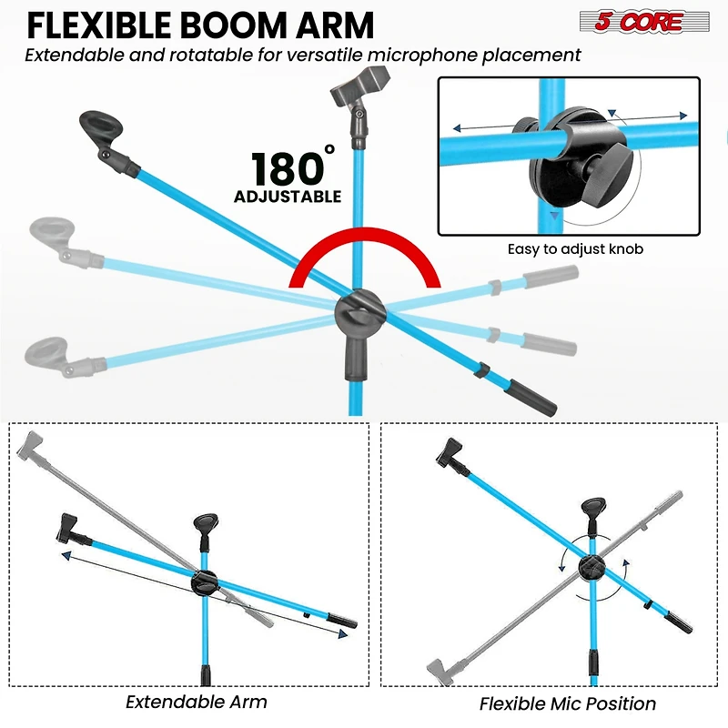 5 Core Mic Stand Floor Height Adjustable Tripod Microphone Stands w Extending Telescoping Boom Arm - Ms Dbl G Sky Blu