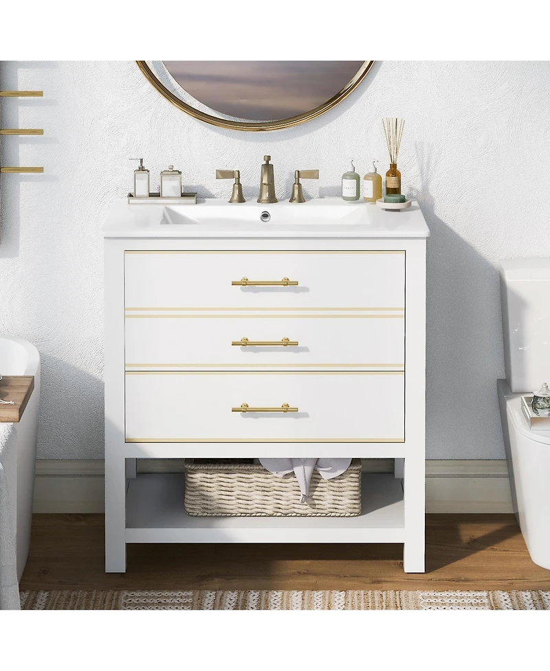 Streamdale White Bathroom Vanity with Modern Open Storage and Drawers (30 Inch)
