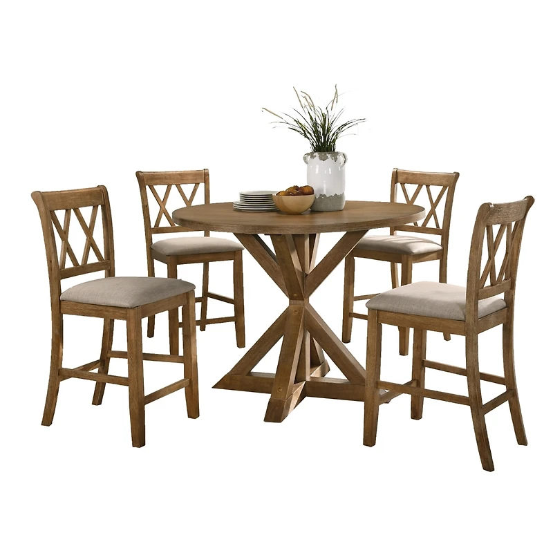 Streamdale Windvale Cross-Buck Wood 5-Piece Counter Height Dining Set, Tan