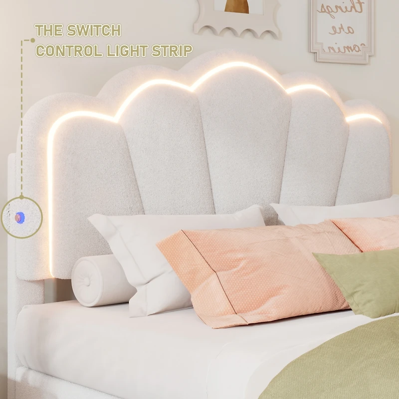 Streamdale Twin Size Flower-Shaped Led Platform Bed with Storage Ottoman, White
