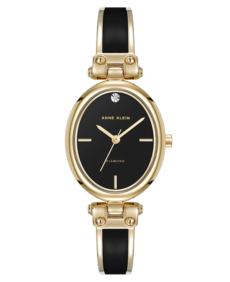 Anne Klein Women's Quartz Black Oval Diamond Accented Gold-Tone Alloy Metal Bangle Watch, 26mm
