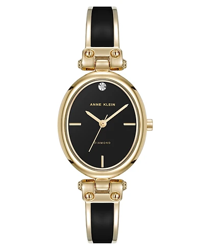 Anne Klein Women's Quartz Black Oval Diamond Accented Gold-Tone Alloy Metal Bangle Watch, 26mm