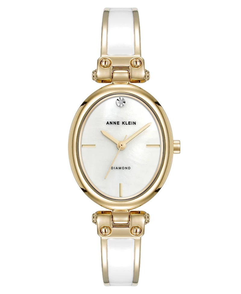 Anne Klein Women's Quartz White Oval Diamond Accented Gold-Tone Alloy Metal Bangle Watch, 26mm