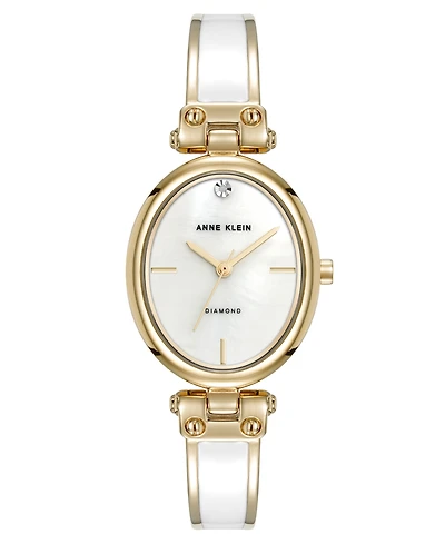 Anne Klein Women's Quartz White Oval Diamond Accented Gold-Tone Alloy Metal Bangle Watch, 26mm