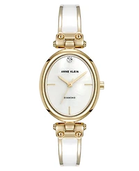 Anne Klein Women's Quartz White Oval Diamond Accented Gold-Tone Alloy Metal Bangle Watch, 26mm
