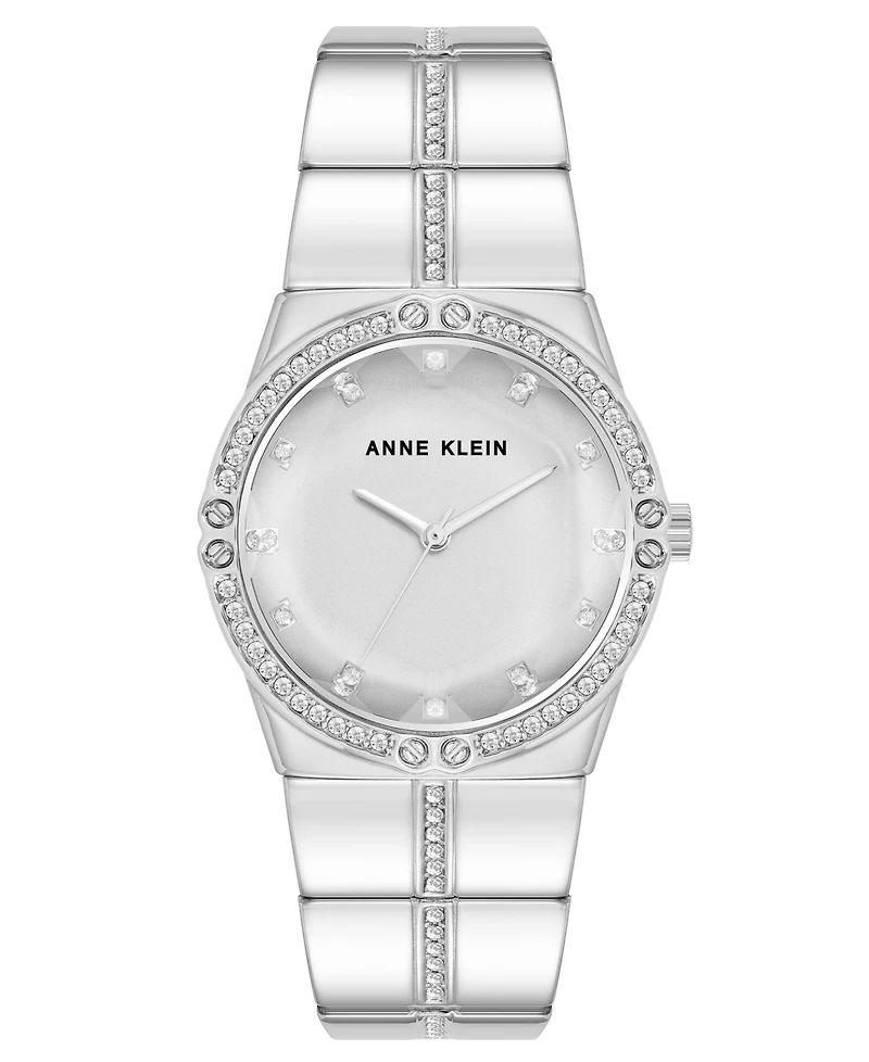 Anne Klein Women's Quartz Faceted Crystal Bezel Silver-Tone Alloy Metal Watch, 32mm