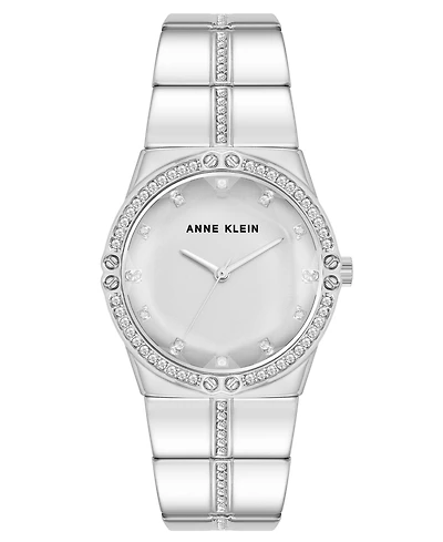 Anne Klein Women's Quartz Faceted Crystal Bezel Silver-Tone Alloy Metal Watch, 32mm