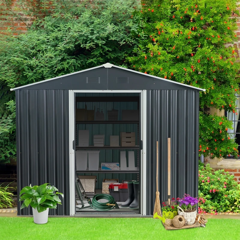 Streamdale 8FT x 10FT Outdoor Metal Storage Shed with Floor Base, Black