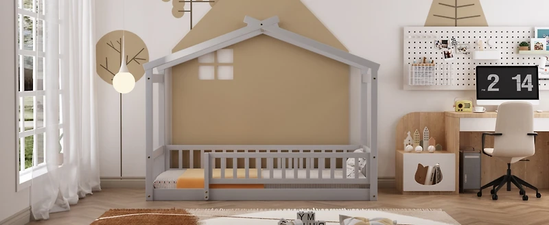Streamdale Walnut Fence Bed House Frame for Kids and Teens