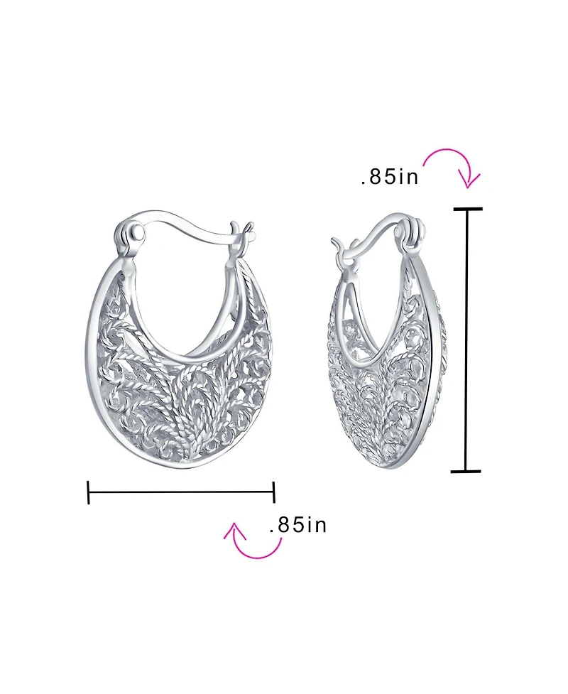 Bling Jewelry Boho Bohemian Bali Floral Open Wire Medium 3D Scroll Filigree Hoop Earrings Sterling Silver .75 Inch Diameter