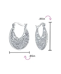 Bling Jewelry Boho Bohemian Bali Floral Open Wire Medium 3D Scroll Filigree Hoop Earrings Sterling Silver .75 Inch Diameter